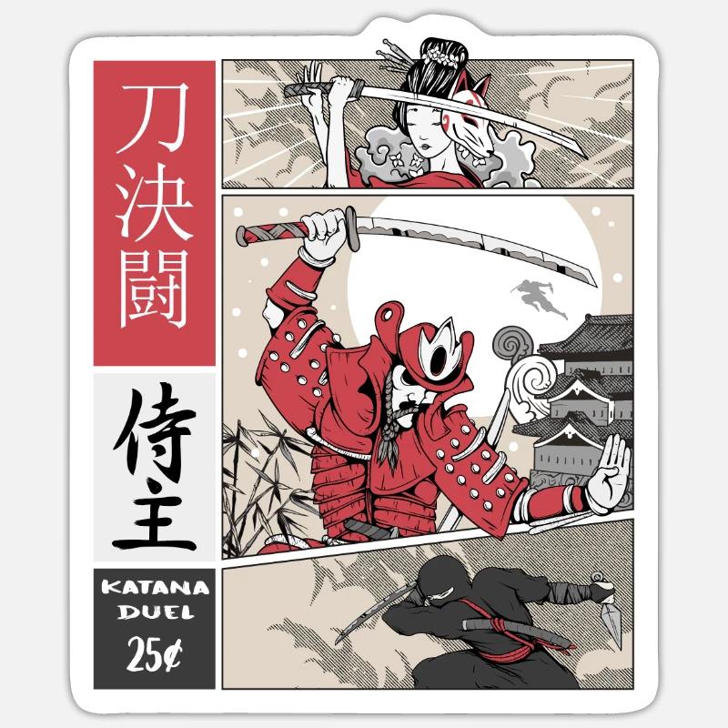 samouraï vs ninja Katana vs épée sur Comic Style - Sticker taille S (10 x 10 cm) - blanc mat