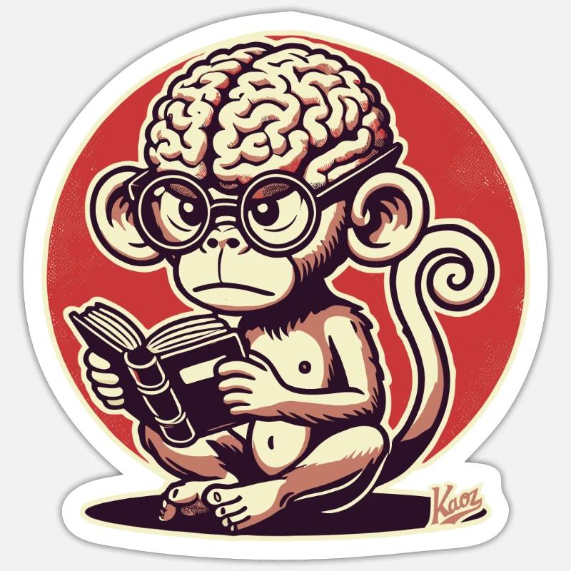 Nerd-Affe mit großem Geirn liest ein Buch - Sticker Größe S (10 x 10 cm) - Mattweiß