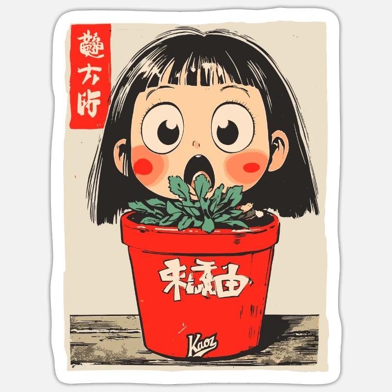 Cartoon Mädchen hinter einem Blumentopf Sticker Größe S (10 x 10 cm)