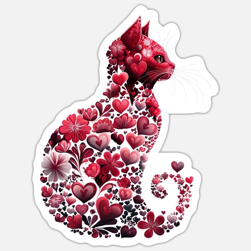 Chat romantique coeurs et fleurs Chat Saint-Valentin - Sticker taille S (10 x 10 cm) - blanc mat