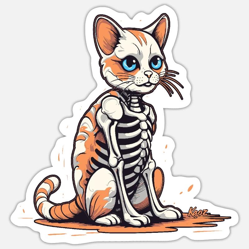Chat squelette - Sticker taille S (10 x 10 cm) - blanc mat