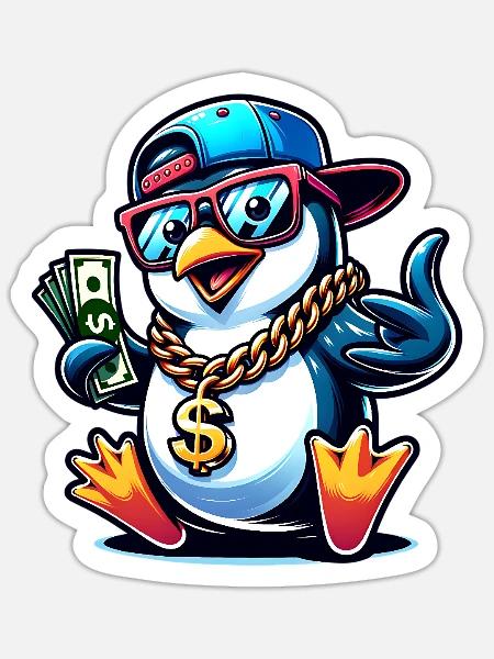 Pinguin Dollar Kette Money - Sticker Größe S (10 x 10 cm) - Mattweiß