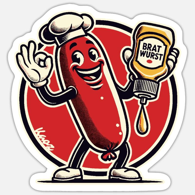 lecker glücklicher Koch: Bratwurst mit Sauce - Sticker Größe S (10 x 10 cm) - Mattweiß