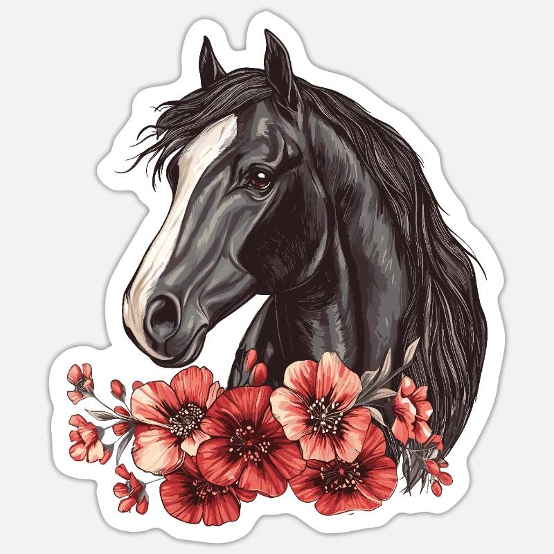 Cheval avec des fleurs - Sticker taille S (10 x 10 cm) - blanc mat