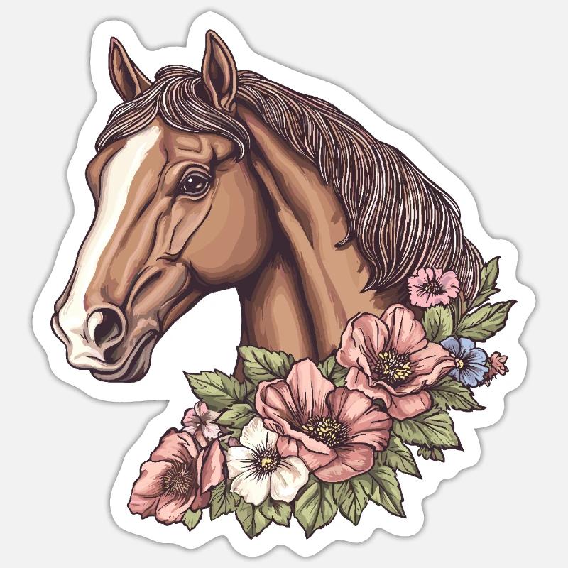Pferd mit Blumen - Sticker Größe S (10 x 10 cm) - Mattweiß