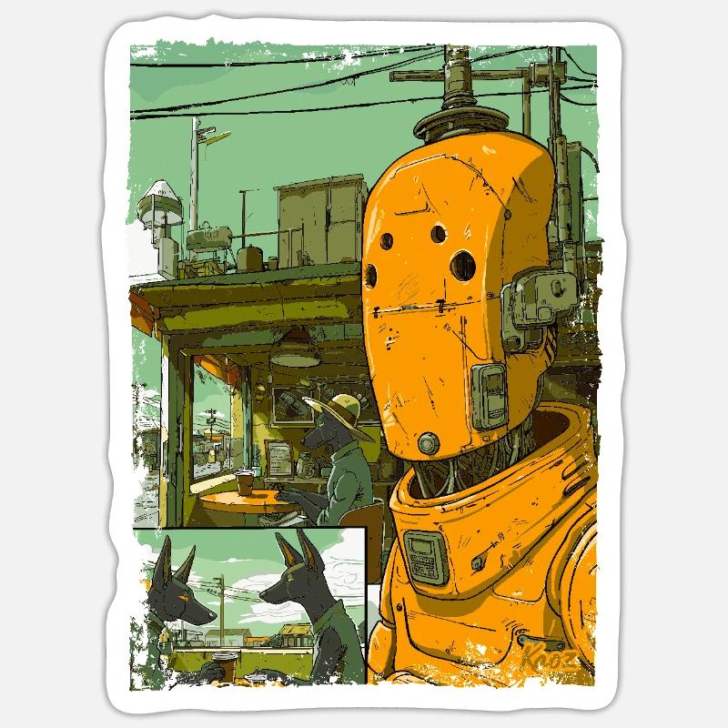 Cartoon einer Sci-Fi-Dystopie mit Roboter Sticker Größe S (10 x 10 cm)