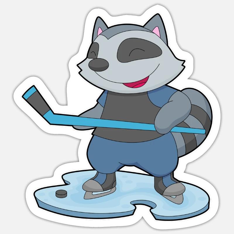 Waschbär Eishockey Eishockeyschläger - Sticker Größe S (10 x 10 cm) - Mattweiß