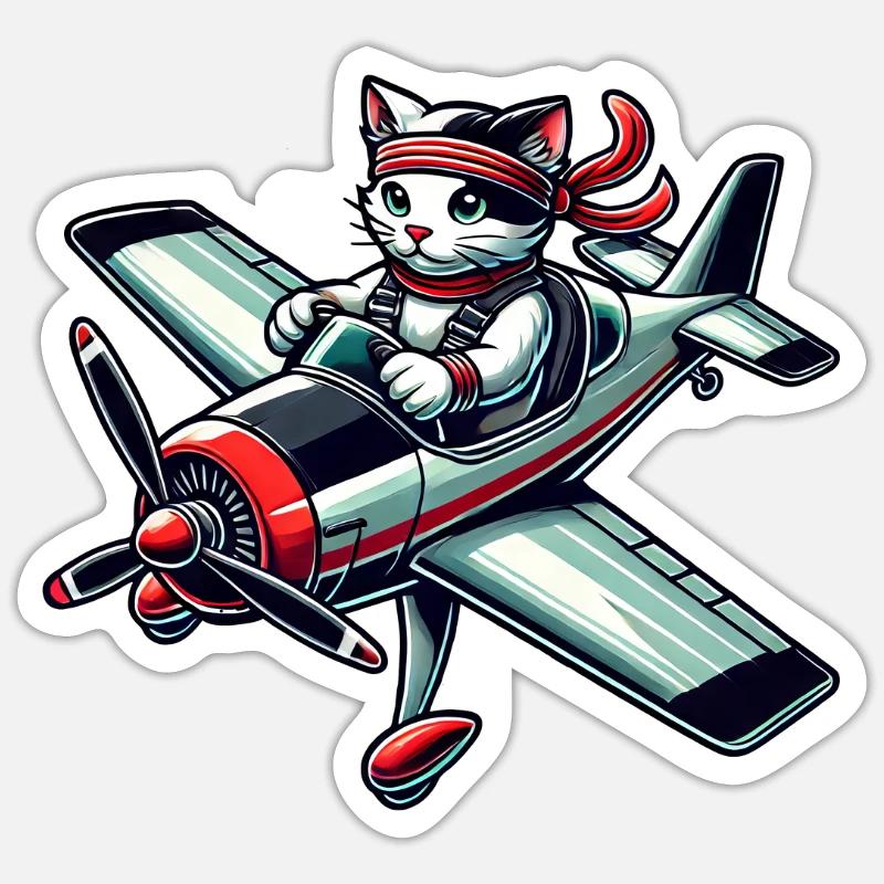 Cat Pilot Propeller Airplane Flying - Sticker size S (10 x 10 cm) - white matte