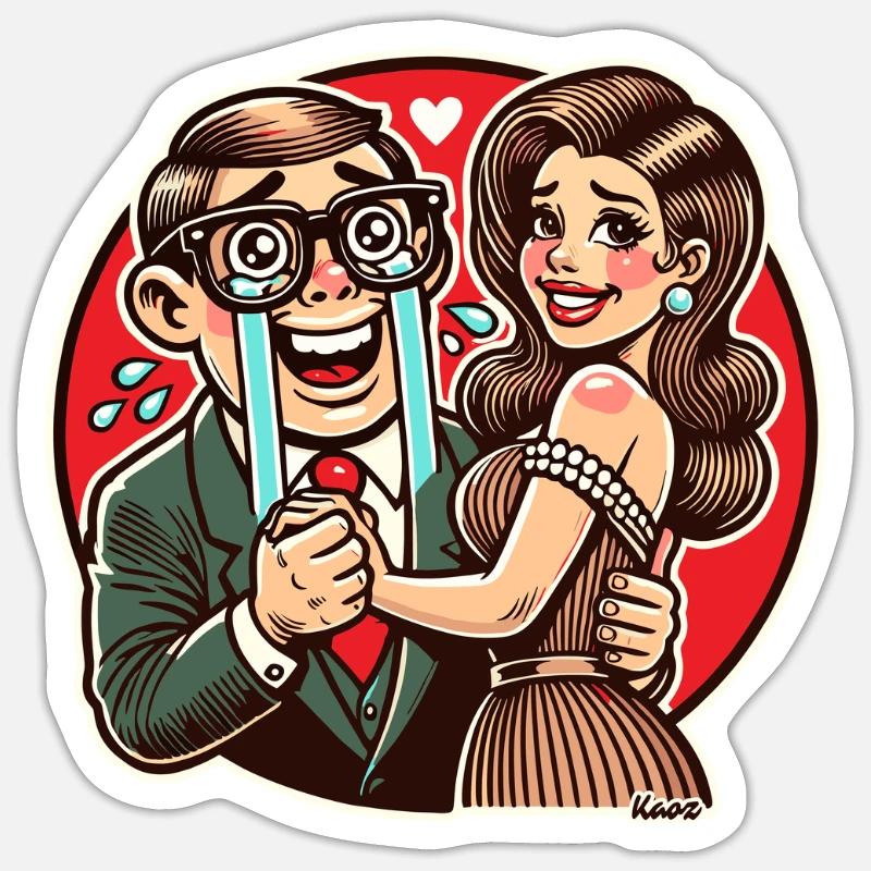 Glückliche Nerd mit attraktiver Ehefrau Sticker Größe S (10 x 10 cm)