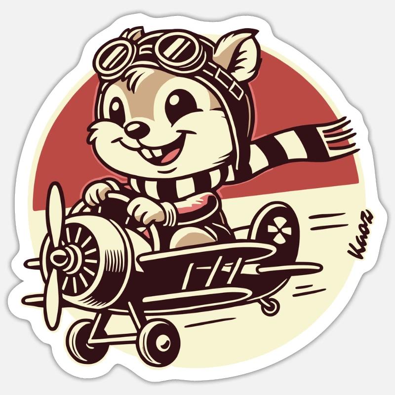 Lustiger Eichhörnchen Pilot im Propeller-Flugzeug Sticker Größe S (10 x 10 cm)