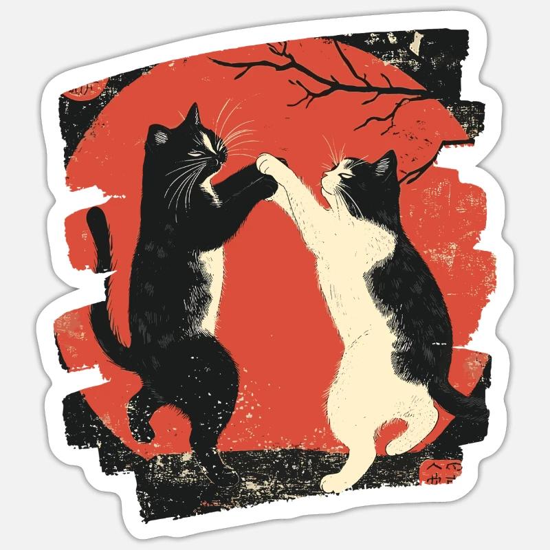 Combat de chats japonais - Sticker taille S (10 x 10 cm) - blanc mat