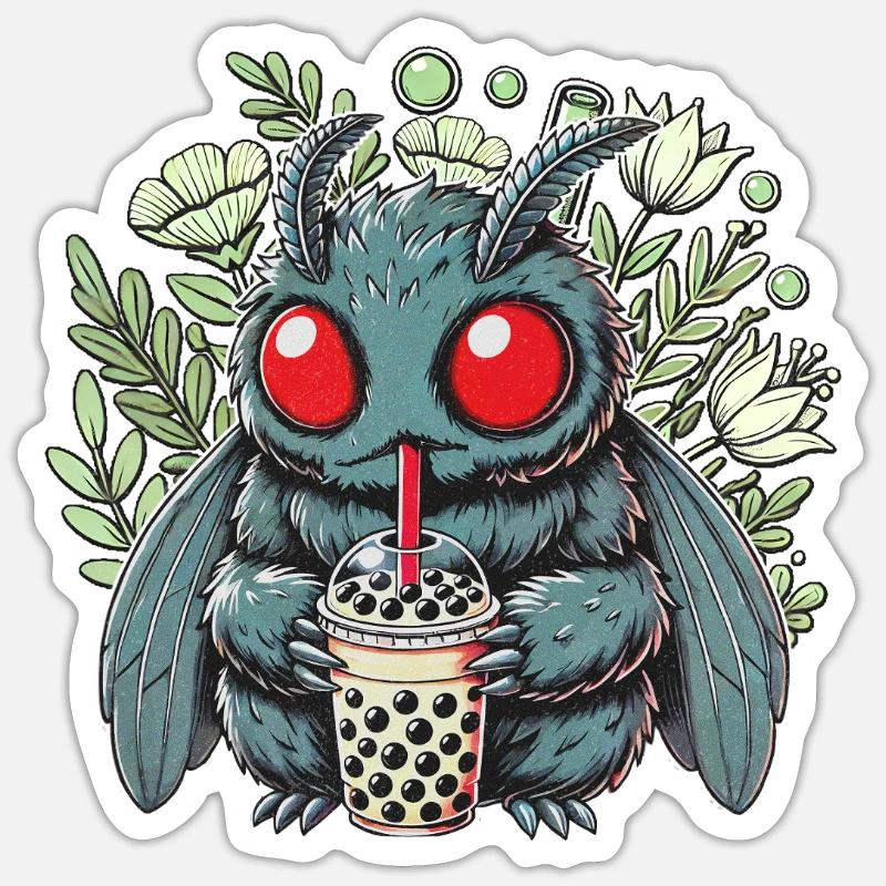 Funny Mothman with Bubble Tea - Sticker Größe S (10 x 10 cm) - Mattweiß