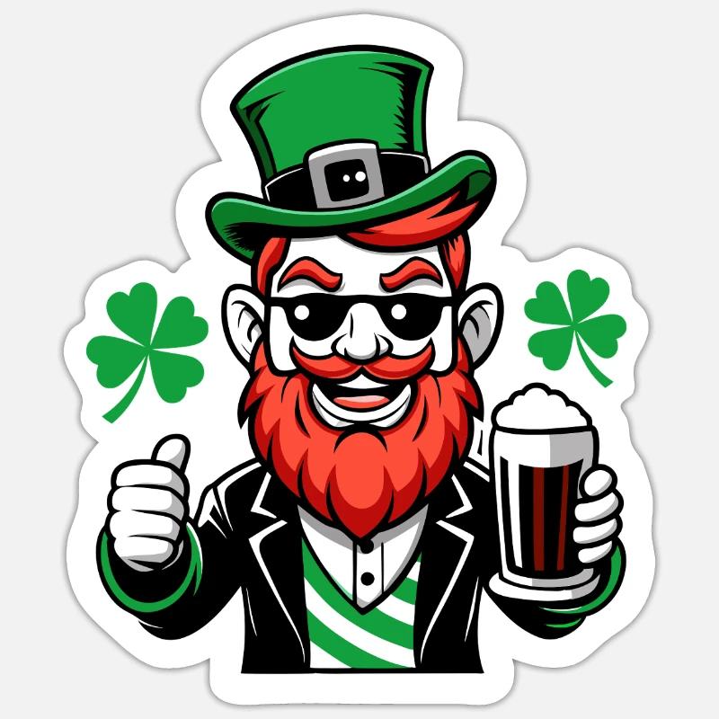 Leprechaun & Beer - Saint-Patrick - Irlande - Sticker taille S (10 x 10 cm) - blanc mat
