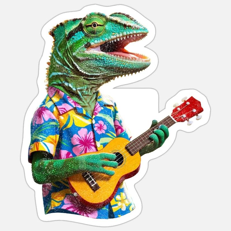 Chamäleon spielt Ukulele - Sticker Größe S (10 x 10 cm) - Mattweiß