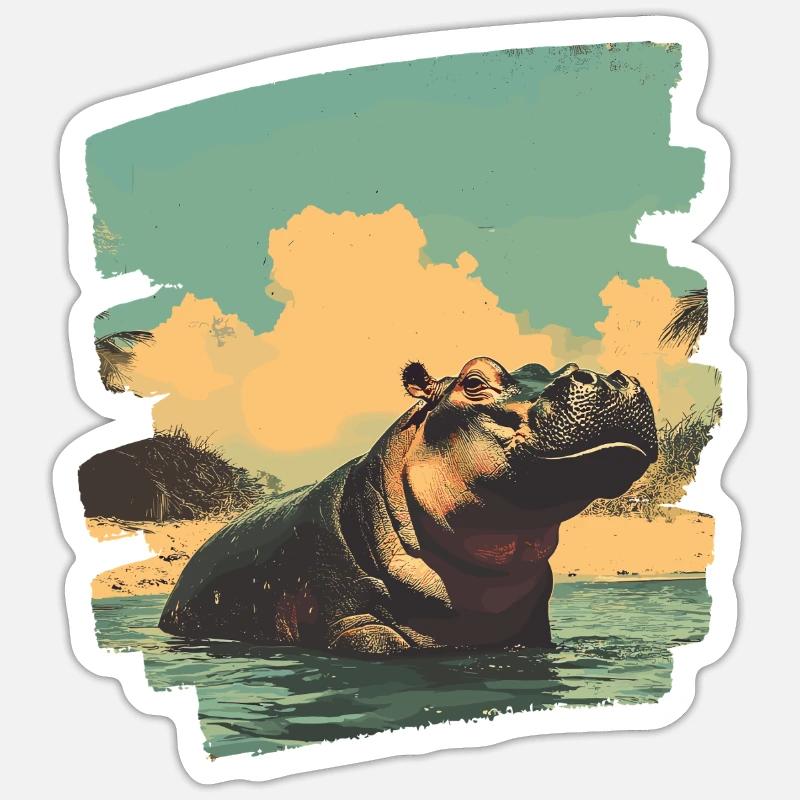 Nilpferd Retro - Sticker Größe S (10 x 10 cm) - Mattweiß