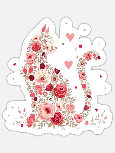 Blumen Katze für Katzen Besitzer und Valentinstag - Sticker Größe S (10 x 10 cm) - Mattweiß
