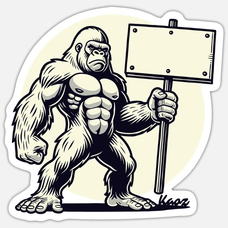 Strong gorilla with a blank shield: Your text here! Sticker size S (10 x 10 cm)