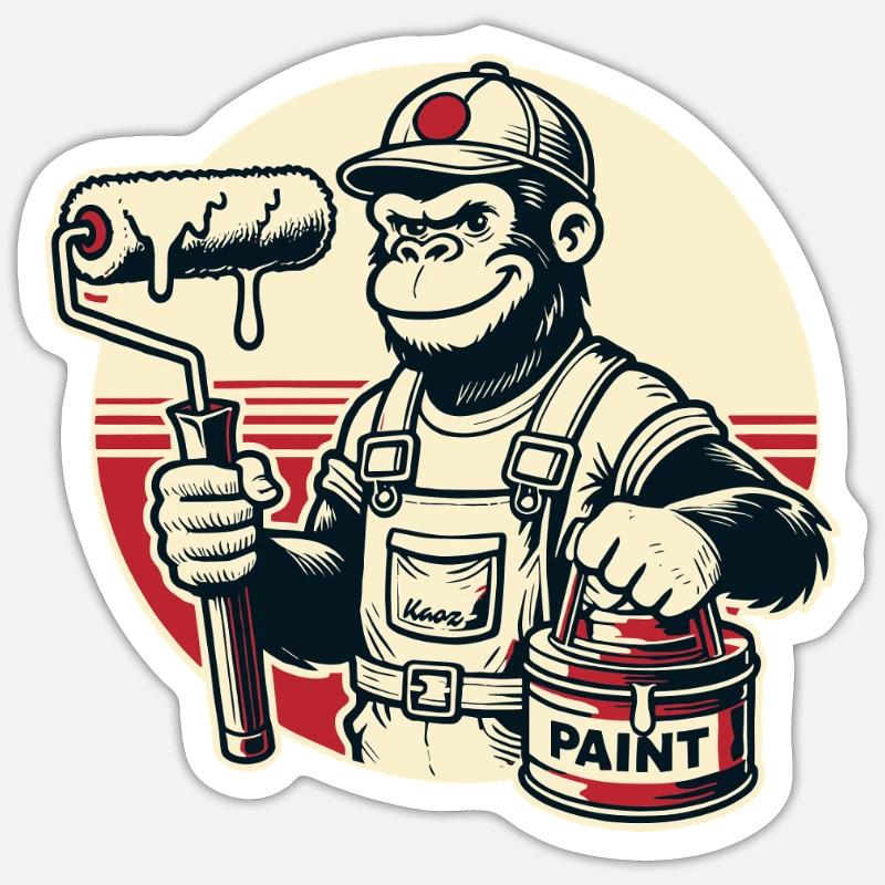 Maler-Gorilla mit Farbeimer und Farbrolle - Sticker Größe S (10 x 10 cm) - Mattweiß