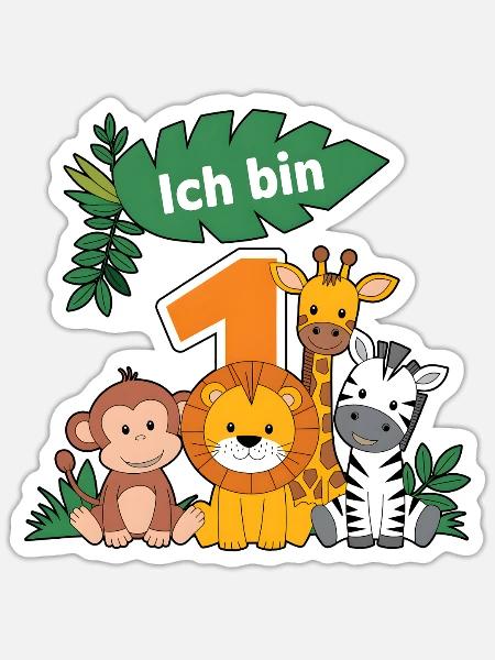 1. Geburtstag 1 Jahr Dschungel Tiere Löwe Giraffe - Sticker Größe S (10 x 10 cm) - Mattweiß