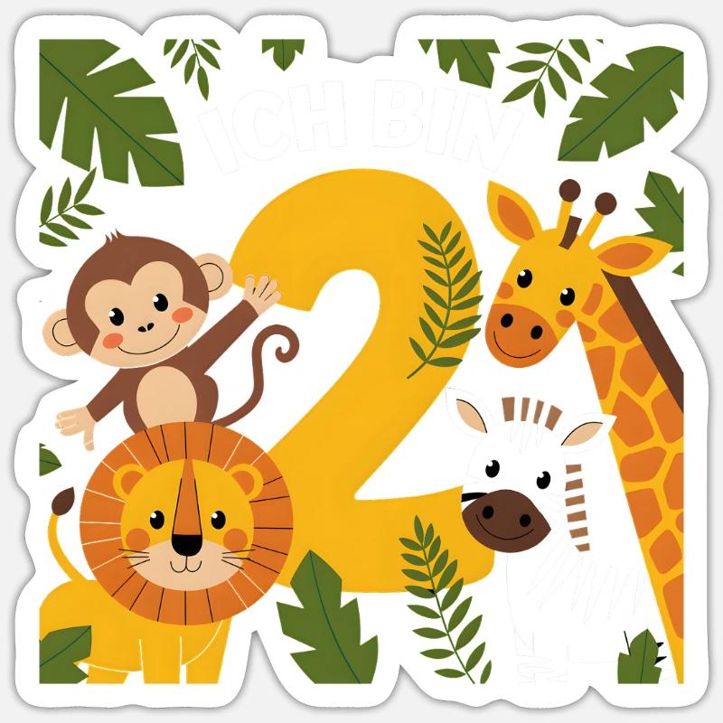 2. Geburtstag 2 Jahre Dschungel Tiere Löwe Giraffe - Sticker Größe S (10 x 10 cm) - Mattweiß