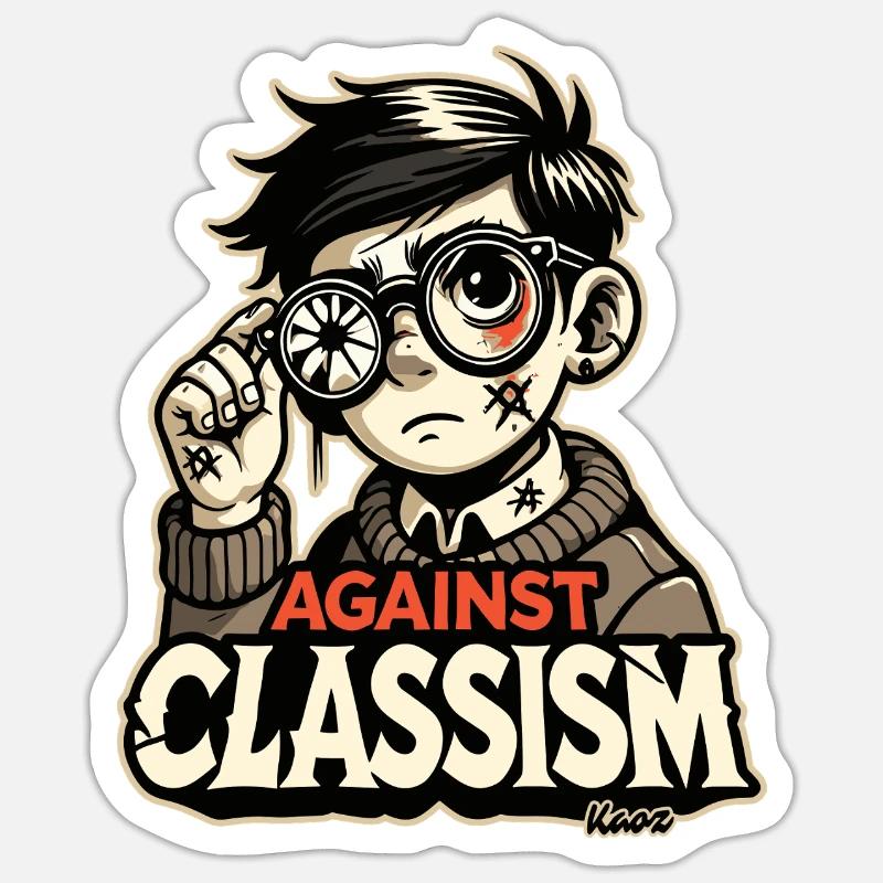 Poor boy with broken glasses: against classism Sticker size S (10 x 10 cm)