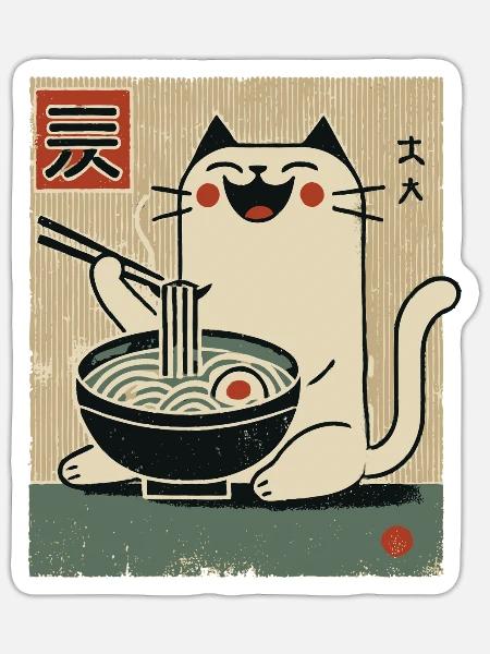Kawaii Katze Ramen Nudeln Streetwear Ukiyo-E - Sticker Größe S (10 x 10 cm) - Mattweiß