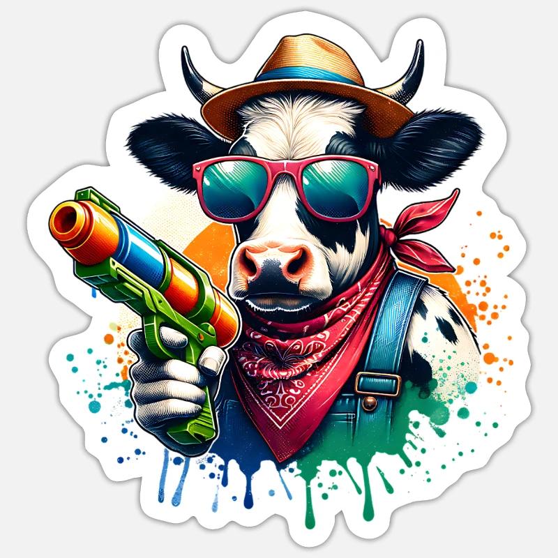 Pistolet à eau vache - Sticker taille S (10 x 10 cm) - blanc mat