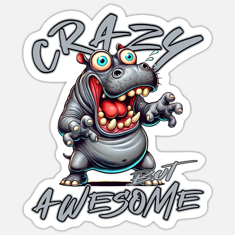Crazy but Awesome Nilpferd Comic Stil Sticker Größe S (10 x 10 cm)