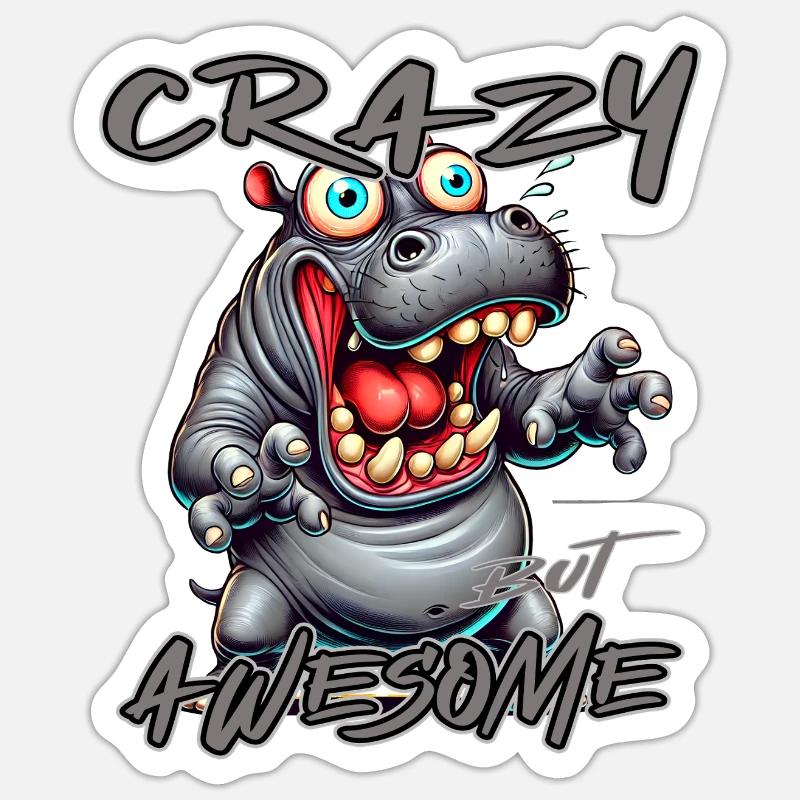 Crazy but Awesome Nilpferd Comic Stil Sticker Größe S (10 x 10 cm)