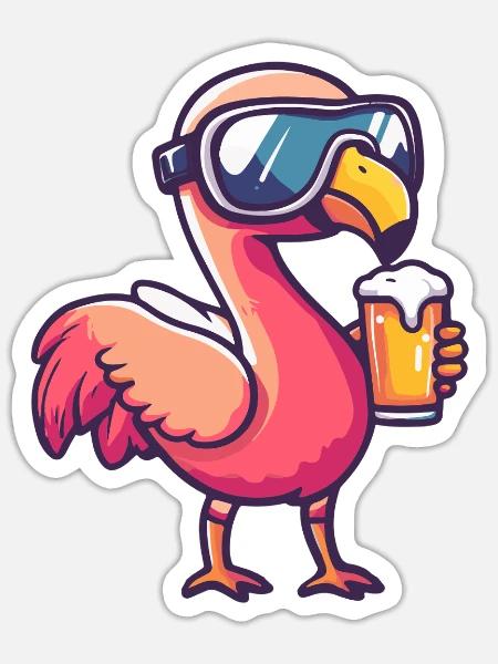 Flamingo Apres Ski Bier Comic - Sticker Größe S (10 x 10 cm) - Mattweiß