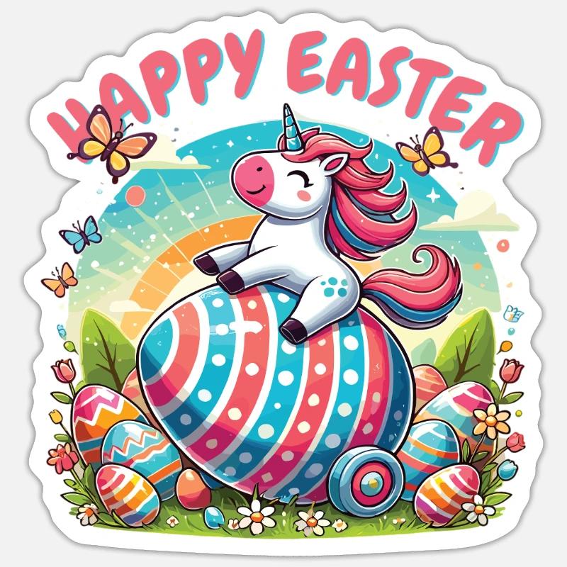 Joyeuses Pâques Licorne - Conception d’oeuf coloré Sticker taille S (10 x 10 cm)