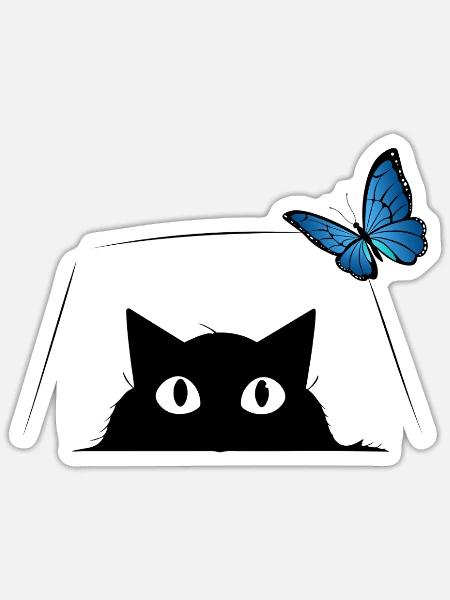 Niedliche Katze und blauer Schmetterling Cute Cat - Sticker Größe S (10 x 10 cm) - Mattweiß