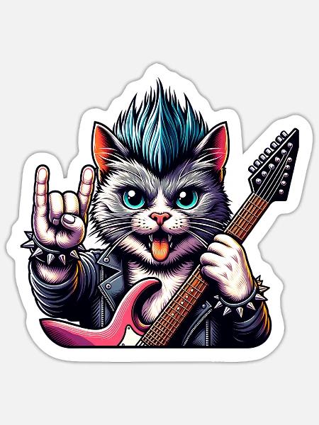 Katze Rock and Roll Gitarrist - Sticker Größe S (10 x 10 cm) - Mattweiß