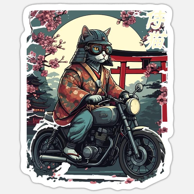 Chat samouraï à moto - Sticker taille S (10 x 10 cm) - blanc mat