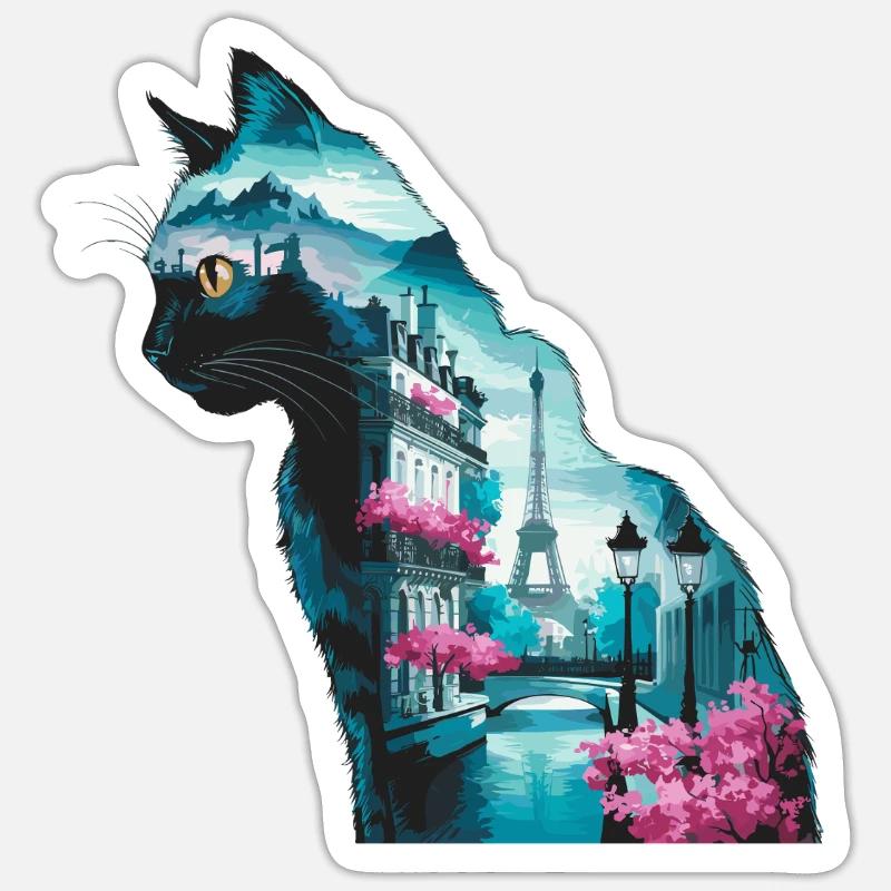 Silhouette Paysage Chat Paris - Sticker taille S (10 x 10 cm) - blanc mat