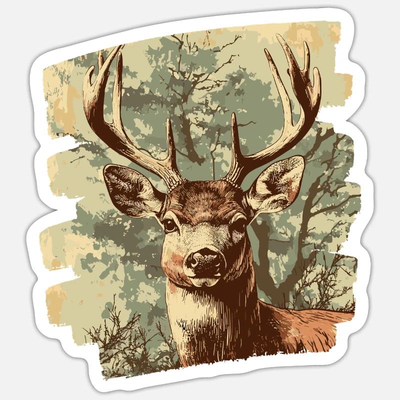 Cerf avec bois - Sticker taille S (10 x 10 cm) - blanc mat