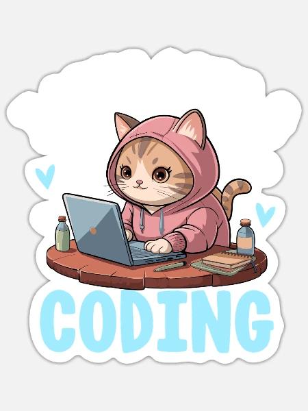 I Like Cats and Coding Nerd Design - Sticker Größe S (10 x 10 cm) - Mattweiß