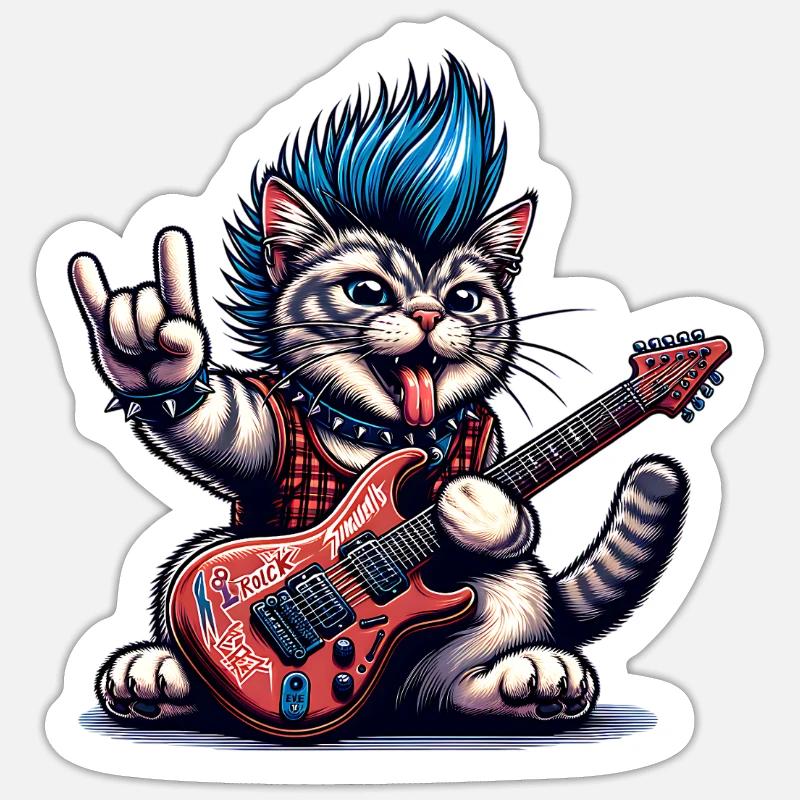 Cat Guitariste de Rock and Roll Sticker taille S (10 x 10 cm)