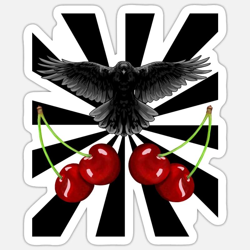 Rockabilly Retro Rabe Krähe Raben Kirschen - Sticker Größe S (10 x 10 cm) - Mattweiß