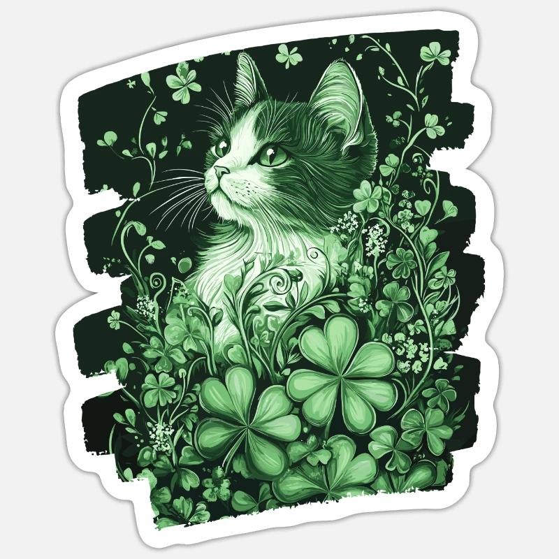 Chat trèfle de la Saint-Patrick - Sticker taille S (10 x 10 cm) - blanc mat