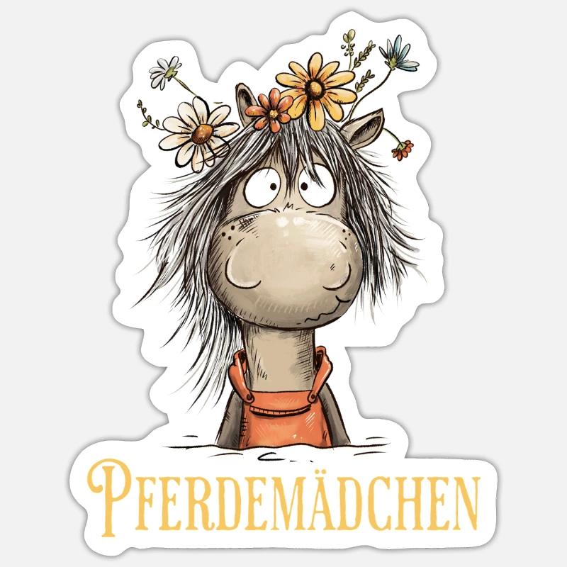 Pferdemädchen Pferd Mit Blumen Cartoon Humor - Sticker Größe S (10 x 10 cm) - Mattweiß