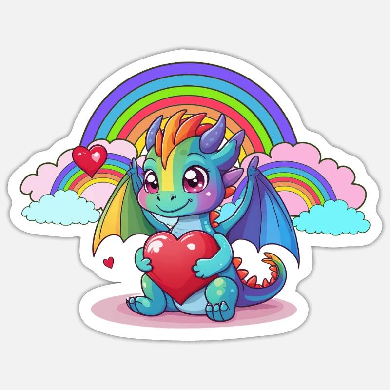 Drache Drachen Regenbogen Kinder Kind - Sticker Größe S (10 x 10 cm) - Mattweiß
