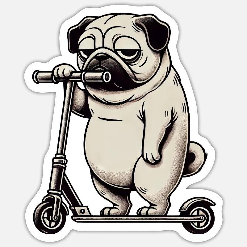 Lustiger Mops Roller Scooter Kickroller Grumpy - Sticker Größe S (10 x 10 cm) - Mattweiß
