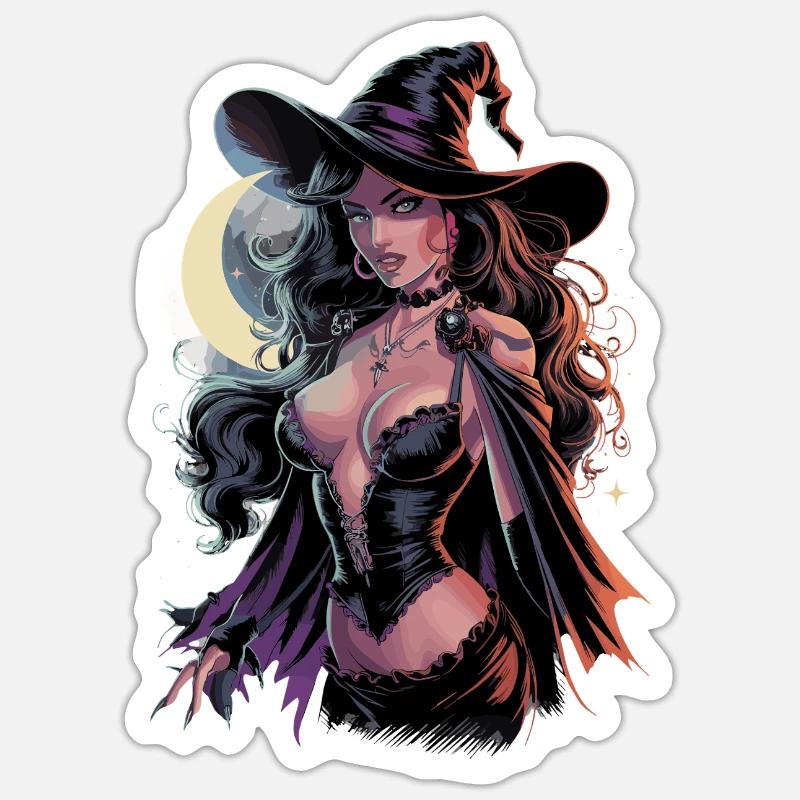 Beautiful witch in the moonlight with magic hat and - Sticker size S (10 x 10 cm) - white matte