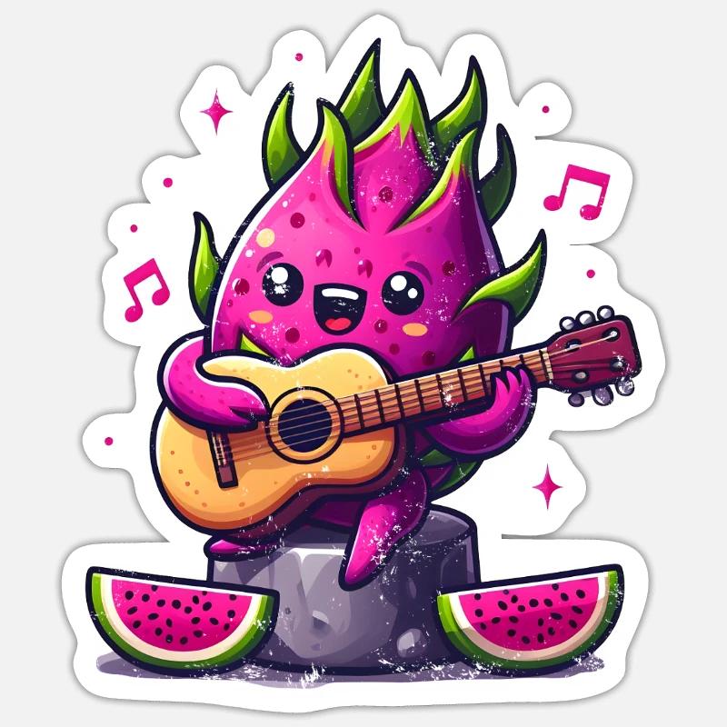 Dragon fruit playing guitar - Sticker size S (10 x 10 cm) - white matte