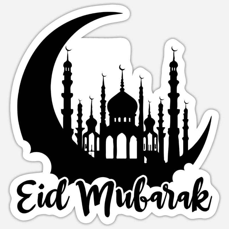 Eid Mubarak Mosque Silhouette Crescent Moon Celebration - Sticker size S (10 x 10 cm) - white matte