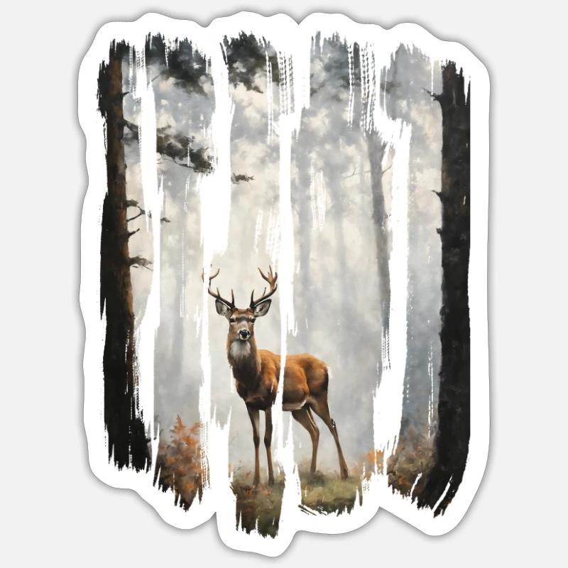 Triptychon Hirsch in nebligen Wäldern Sticker Größe S (10 x 10 cm)