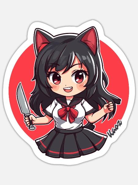 Chibi Cartoon Schulmädchen mit Küchenmesser - Sticker Größe S (10 x 10 cm) - Mattweiß