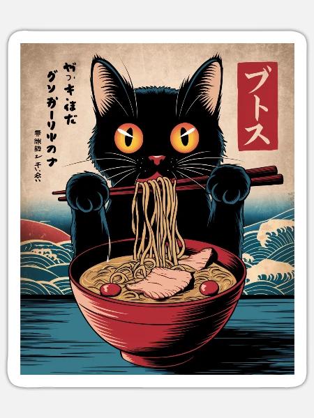 Kawaii Katze Ramen Nudeln Anime Katze - Sticker Größe S (10 x 10 cm) - Mattweiß