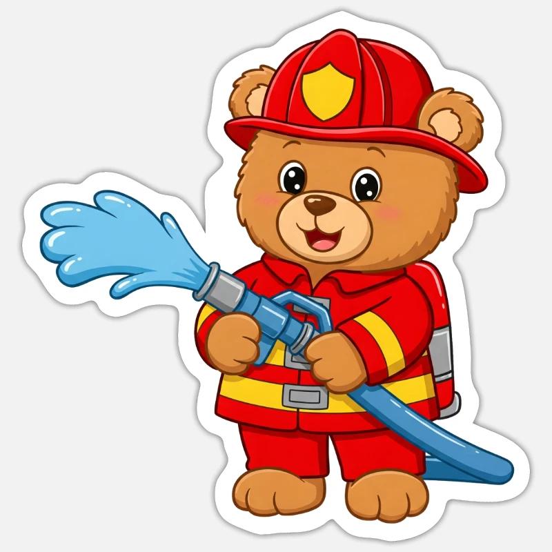 Teddybär Feuerwehrmann mit Schlauch - Sticker Größe S (10 x 10 cm) - Mattweiß